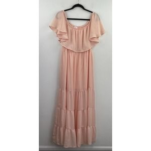 Venus 14 Peasant Maxi Dress Peach Ruffle A54-16 Off Shoulder Sleeve Womens NWOT